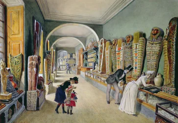 El corredor y el último gabinete de la colección egipcia en la colección Ambraser del Belvedere Inferior, 1875